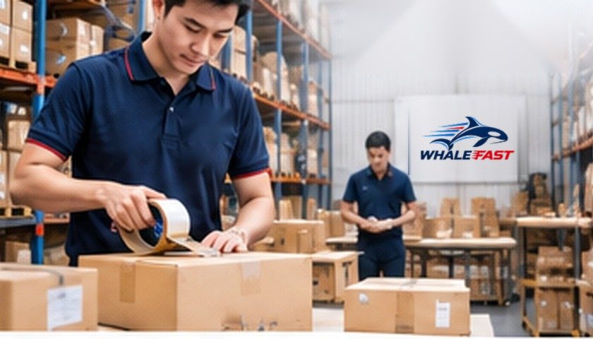 พนักงานแพ็กพัสดุในคลังสินค้า Whale Fast